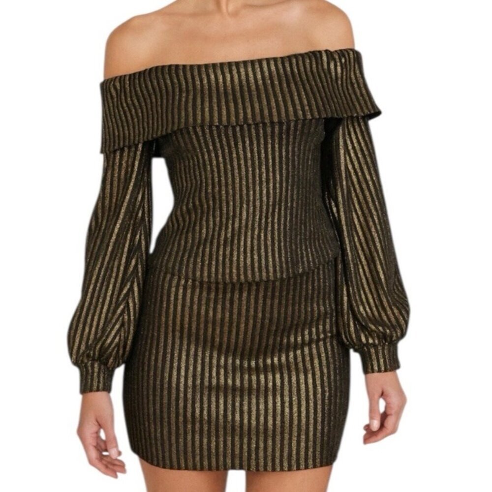 BCBGeneration Black Metallic Striped Off Shoulder Top & Pencil Skirt Set Small